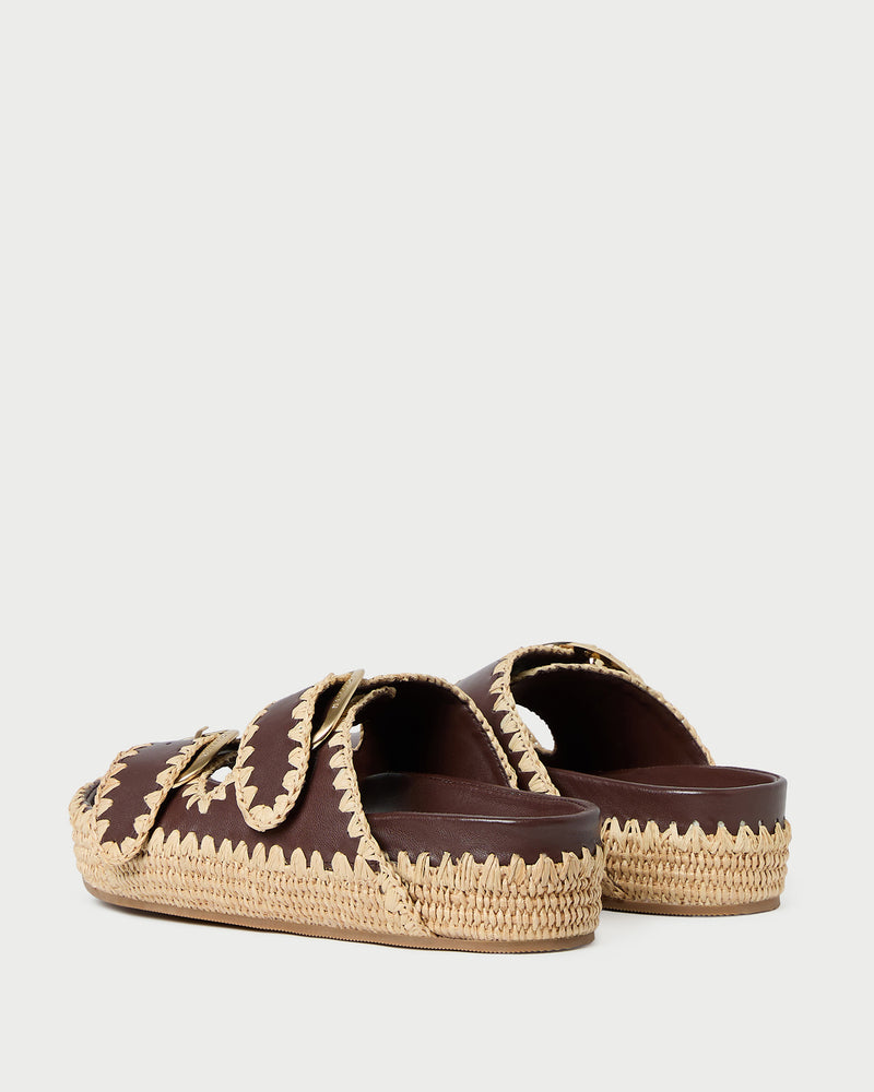Nico Chocolate/Natural Two-Band Sandal in chocolate brown leather and tan raffia.