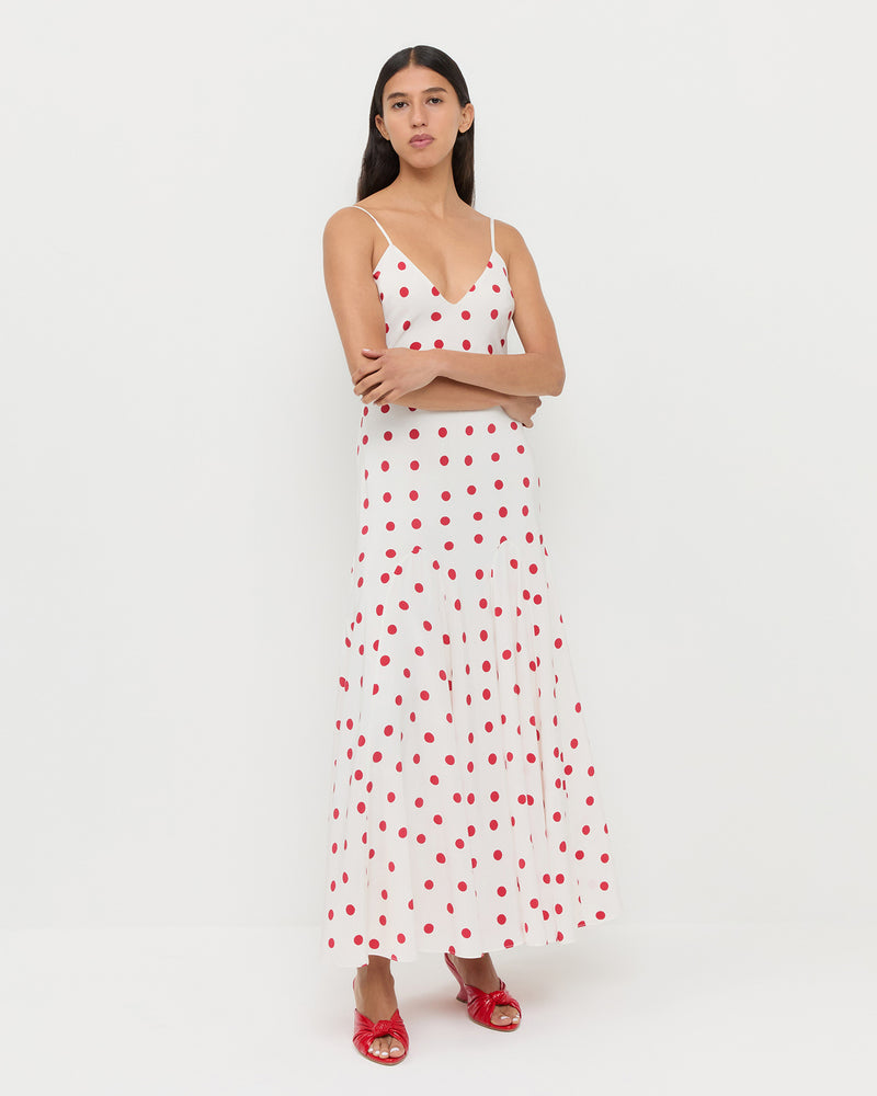 Nissa Maxi Dress in silk white and red polka dot and Marsy Red Leather Knot Wedge.
