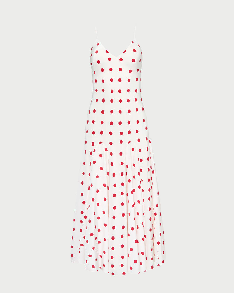 Nissa Maxi Dress in silk white and red polka dot.