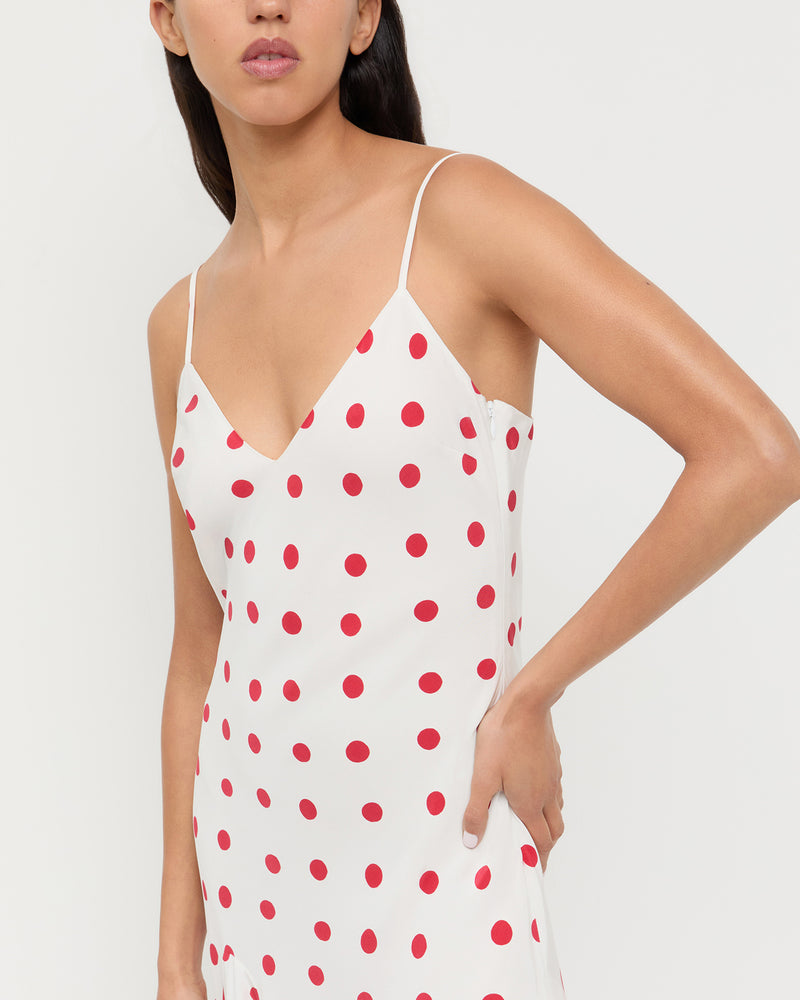 Nissa Maxi Dress in silk white and red polka dot.