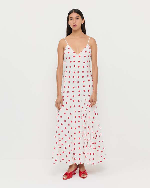 Nissa Maxi Dress in silk white and red polka dot and Marsy Red Leather Knot Wedge.