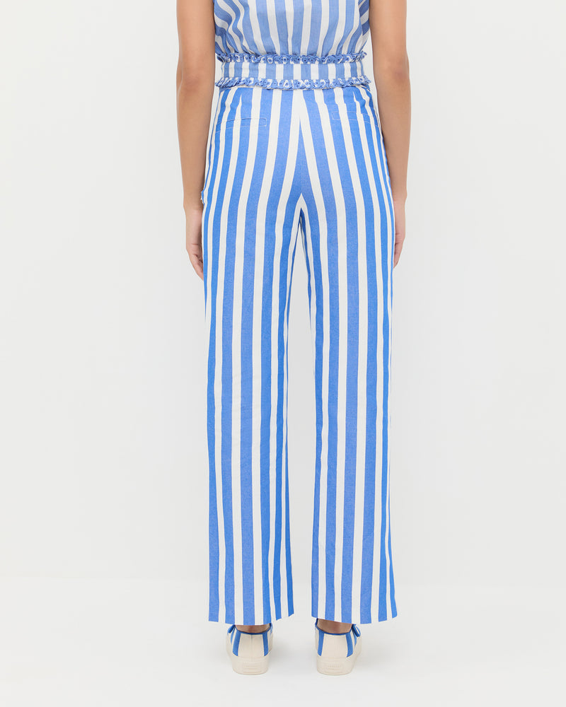 Pasha Trouser in blue and cream stripped cotton-linen, Veda Top in blue and cream stripped cotton, and Cooper Blue Striped Mary Jane Sneaker.