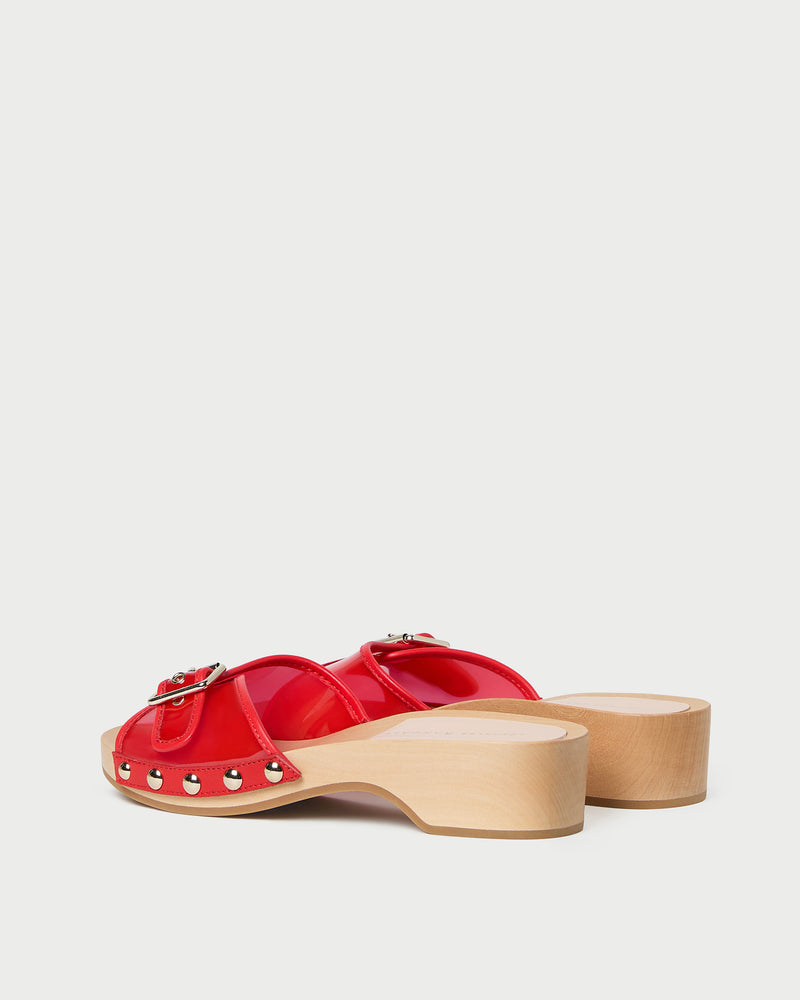 Paulie Red Studded Sandal in red pvc with champagne stud accents.