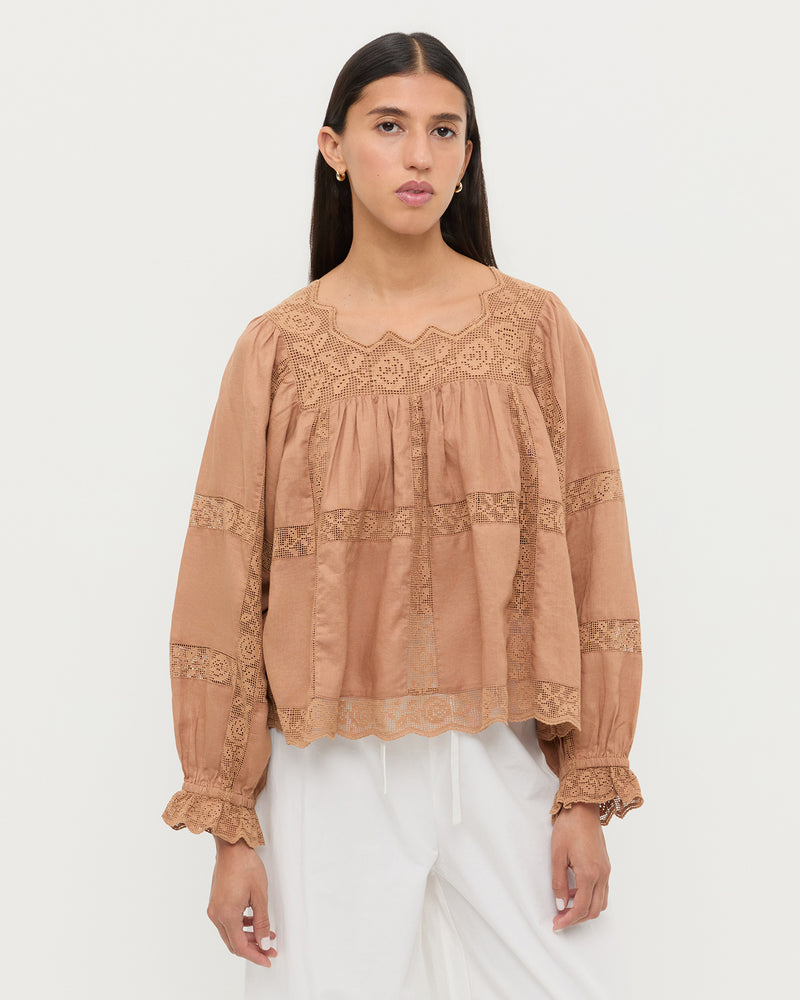 Pauline Embroidered Lace Blouse in light brown cotton.