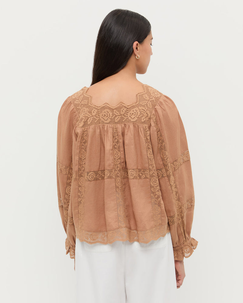 Pauline Embroidered Lace Blouse in light brown cotton.