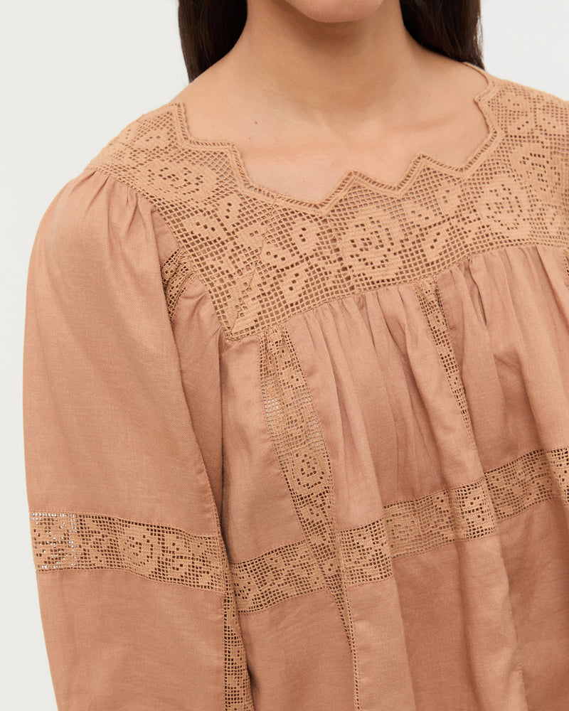 Pauline Embroidered Lace Blouse in light brown cotton.