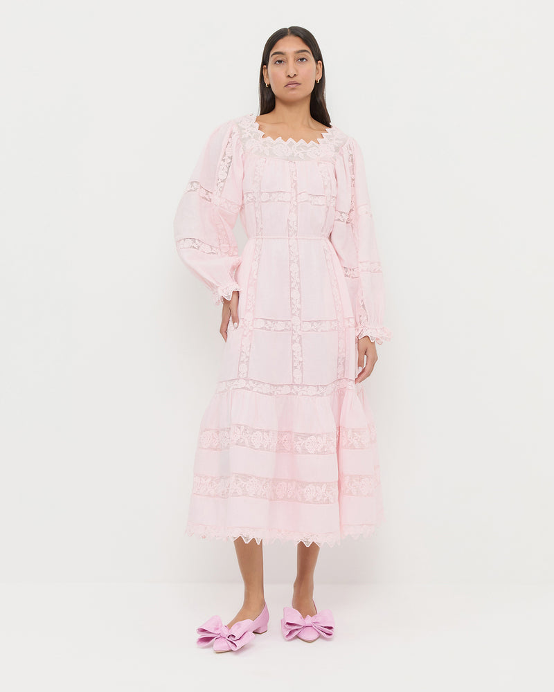 Perrin Dress in pale pink fabric and Noa Pink Moiré Bow Flat.
