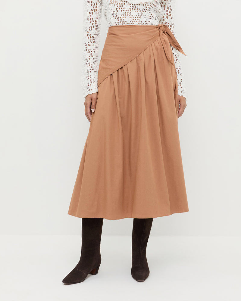 Peyton Skirt in light brown cotton, Abigail Top in cream cotton, and Cleo Brown Suede Boot.