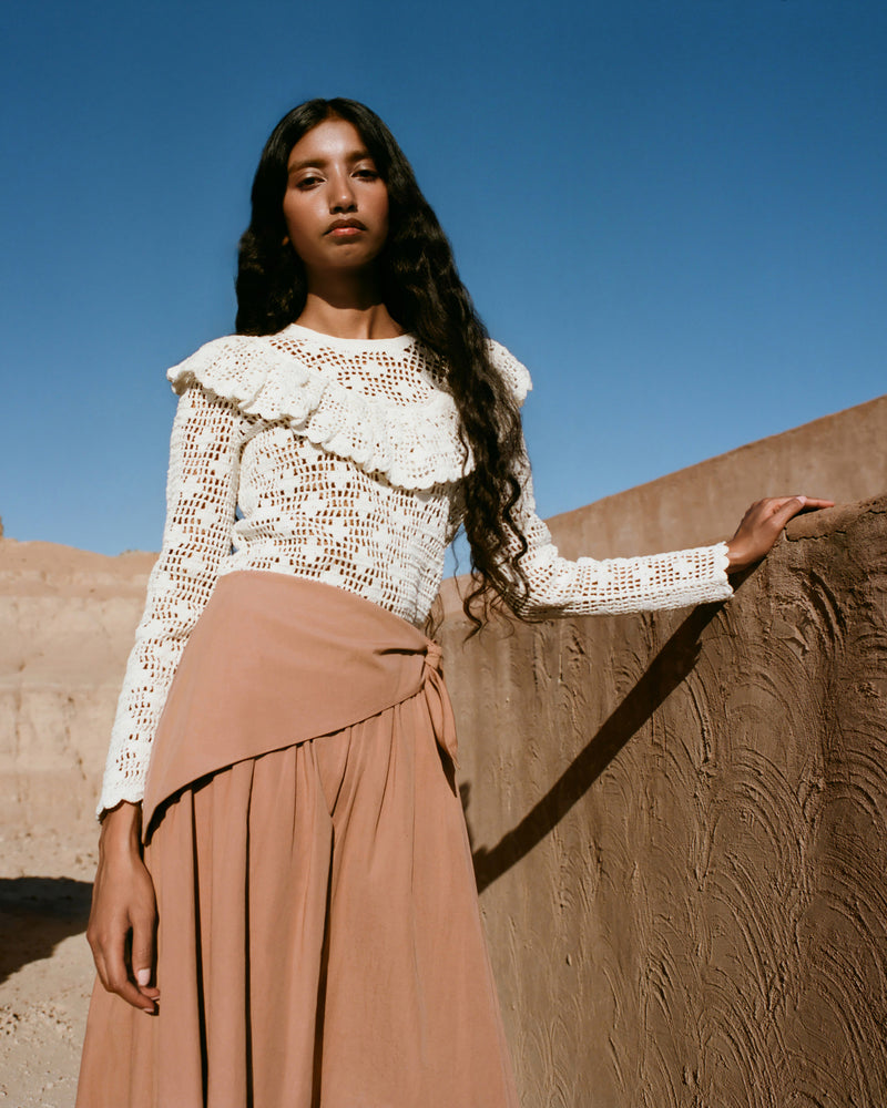 Peyton Skirt in light brown cotton and Abigail Top in cream crocheted cotton.