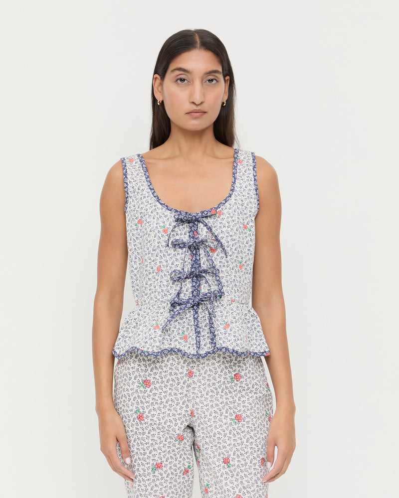 Pilar Tie-Front Top in white floral cotton-linen and Pasha Trouser in white floral cotton-linen.