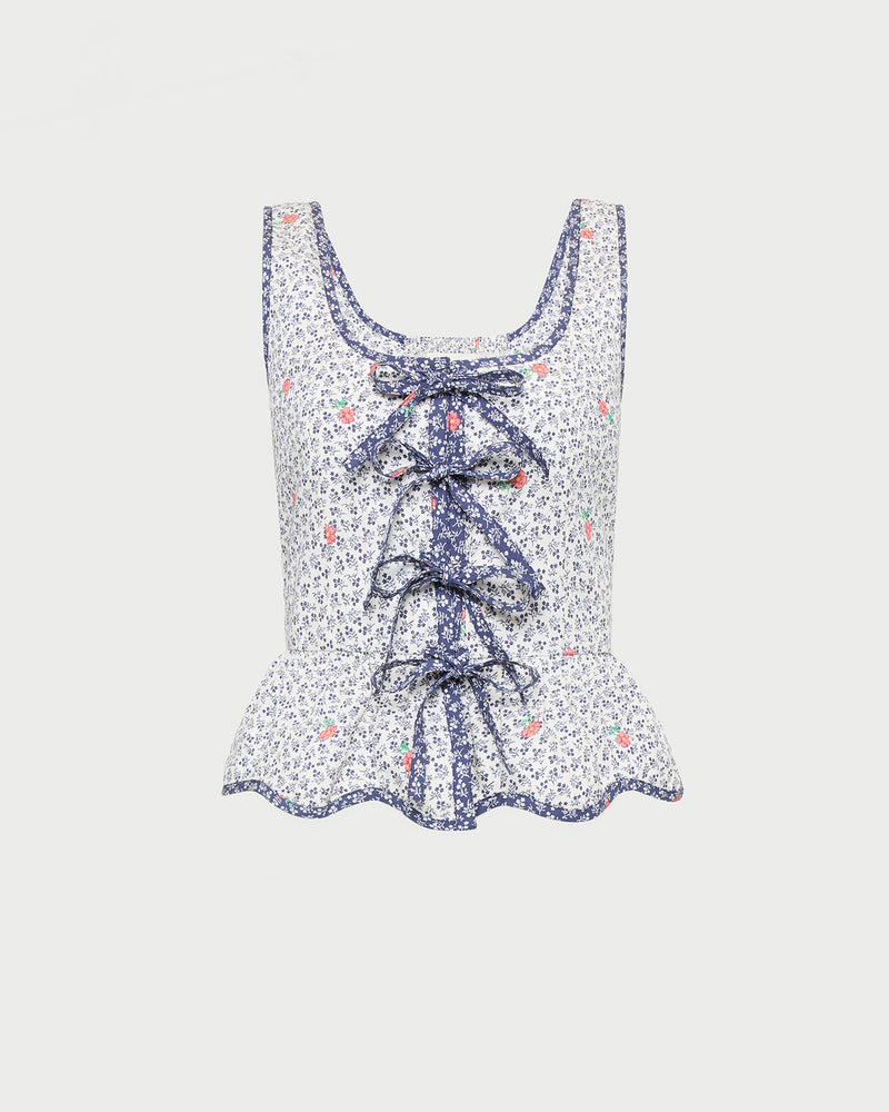 Pilar Tie-Front Top in white floral cotton-linen.