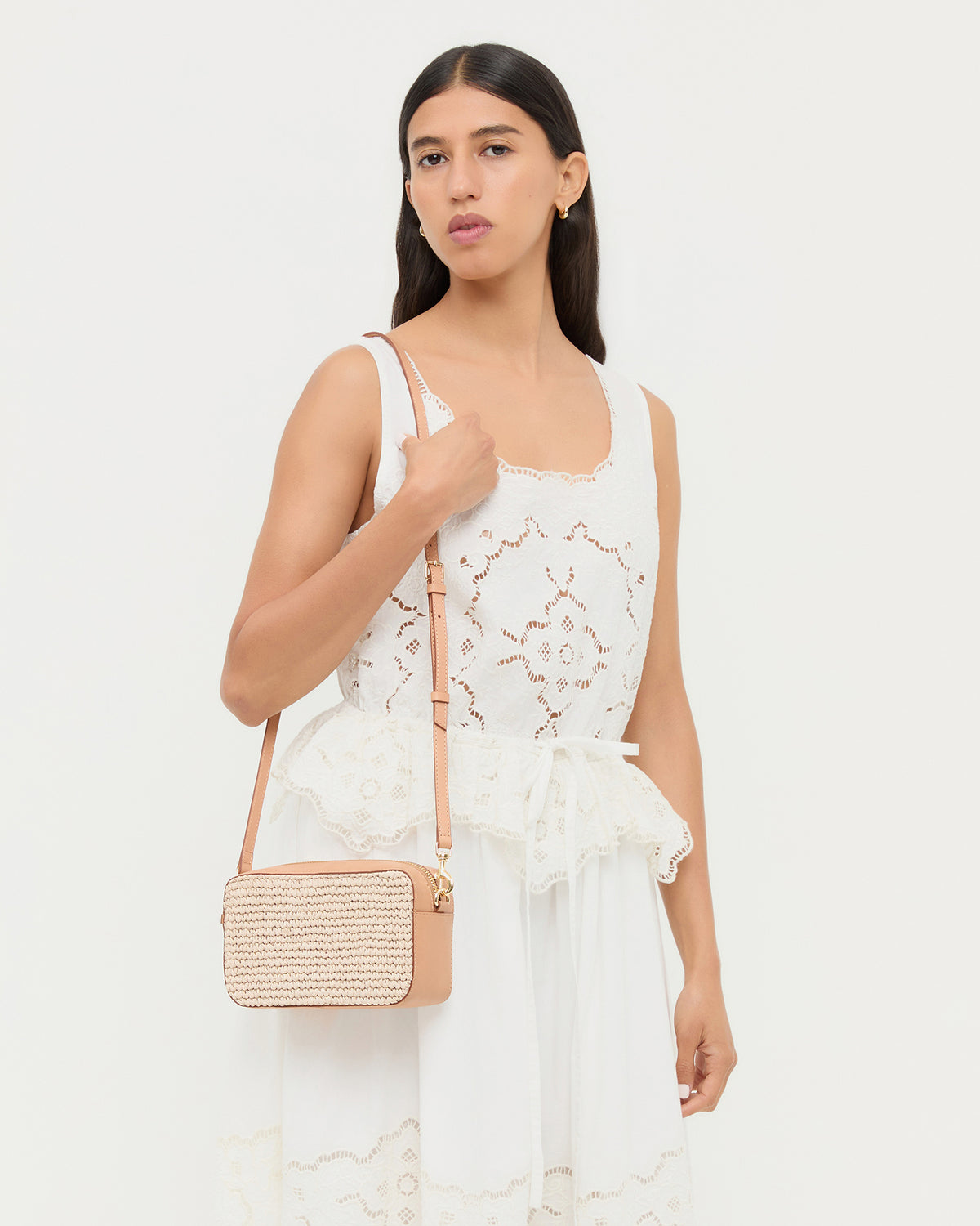 Reeve Natural/Honey Camera Bag in honey tan leather and natural raffia.