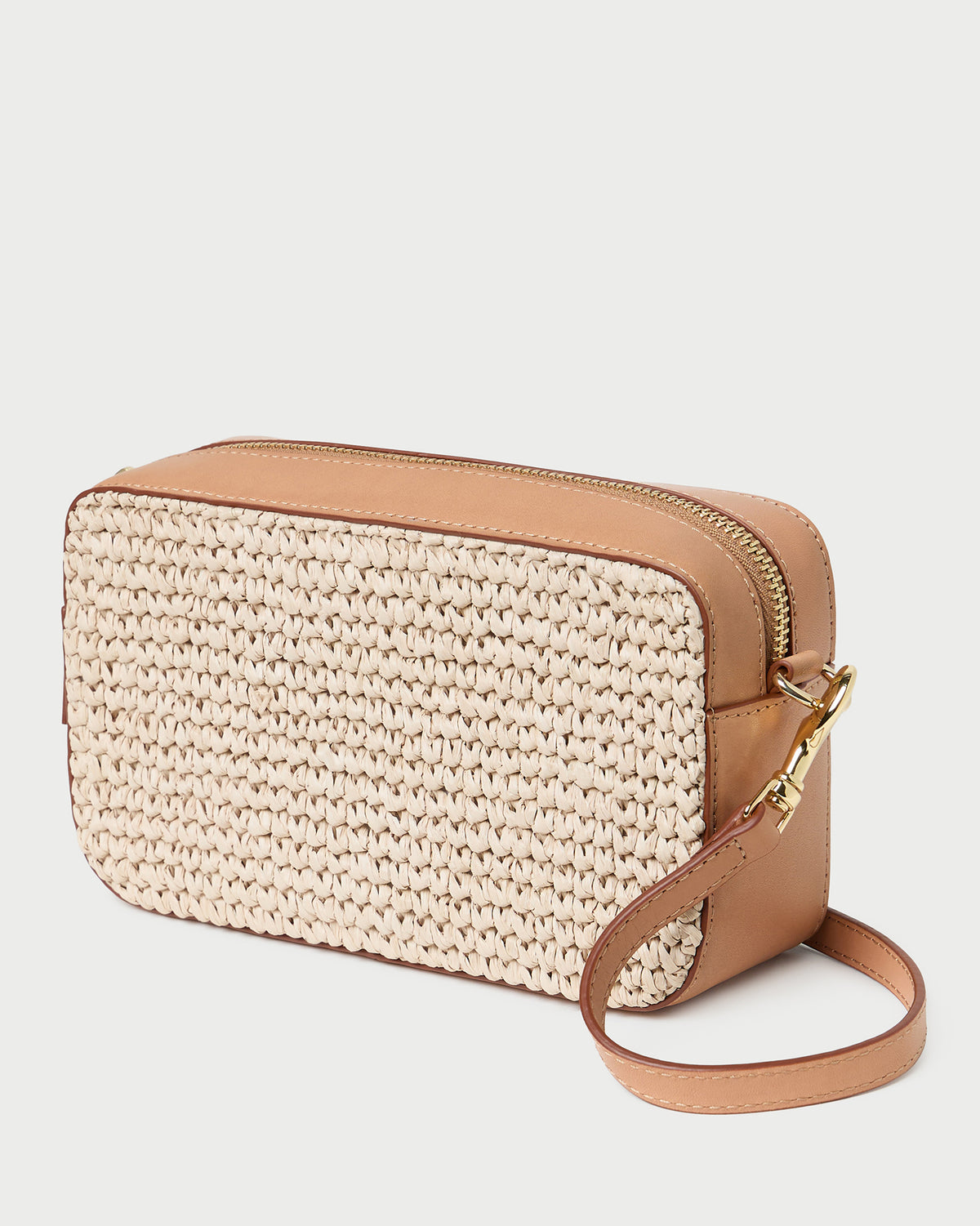 Reeve Natural/Honey Camera Bag in honey tan leather and natural raffia.