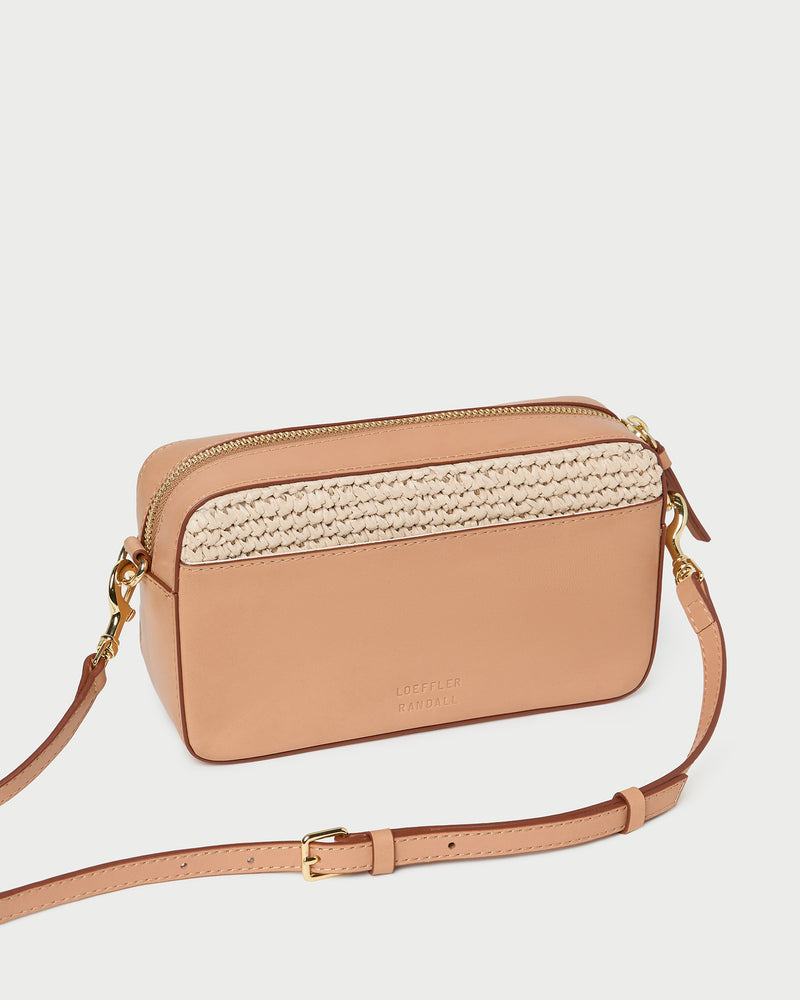 Reeve Natural/Honey Camera Bag in honey tan leather and natural raffia.