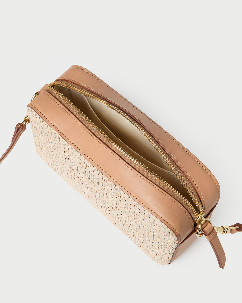 Reeve Natural/Honey Camera Bag in honey tan leather and natural raffia.