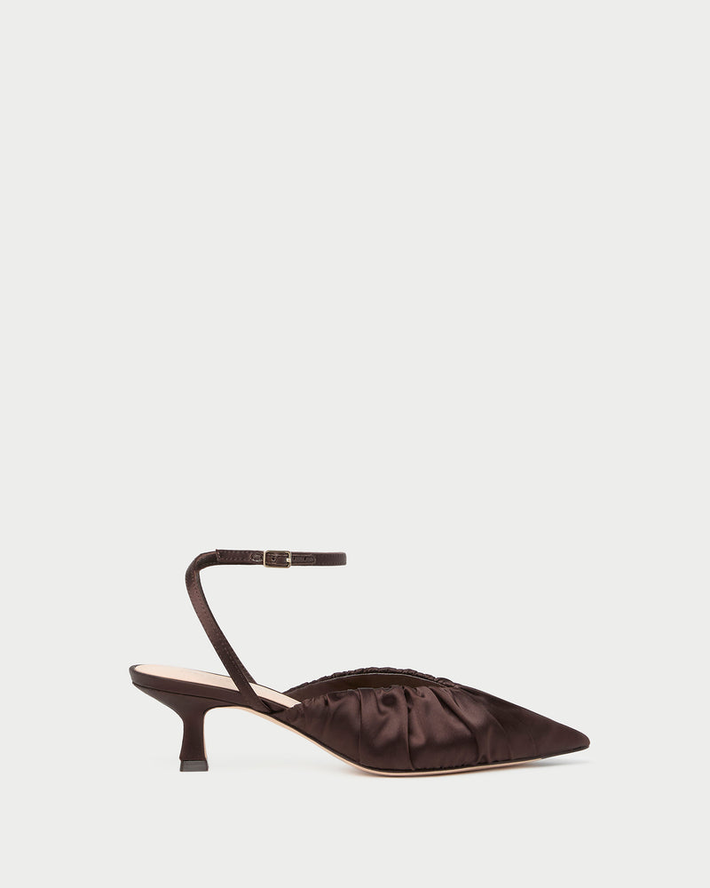 Rio Chocolate Satin Kitten Heel in chocolate brown satin.