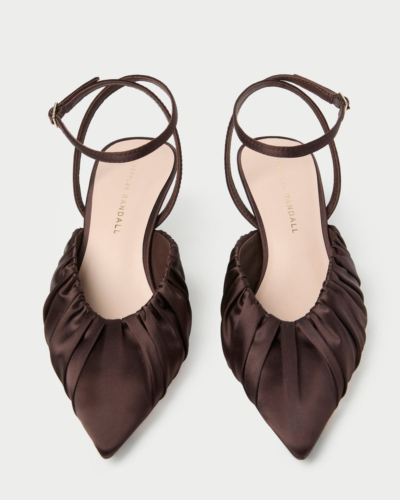 Rio Chocolate Satin Kitten Heel in chocolate brown satin.