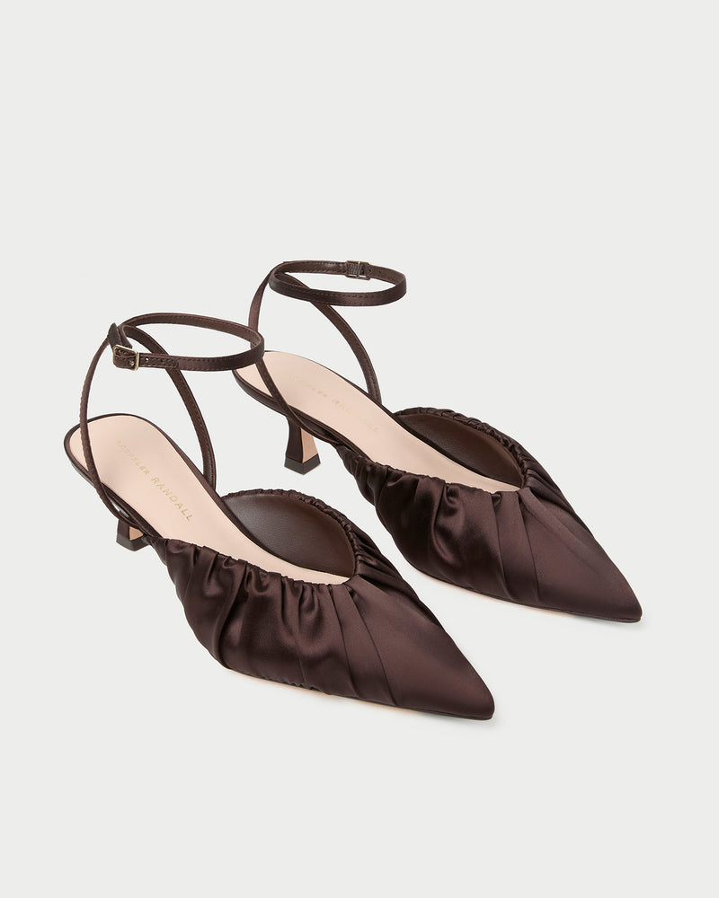 Rio Chocolate Satin Kitten Heel in chocolate brown satin.
