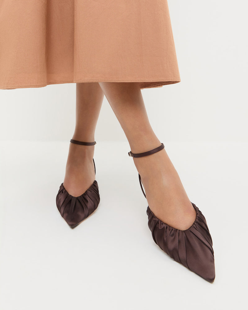 Rio Chocolate Satin Kitten Heel in chocolate brown satin.