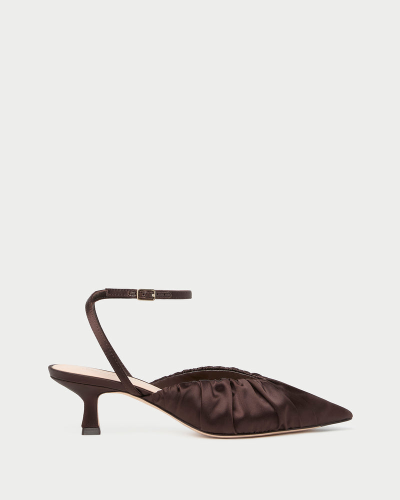Rio Chocolate Satin Kitten Heel in chocolate brown satin.