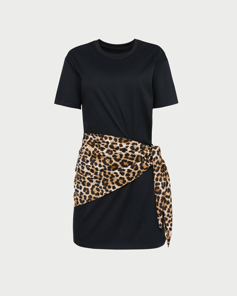 Rooney Scarf T-Shirt Dress in Black with Leopard.