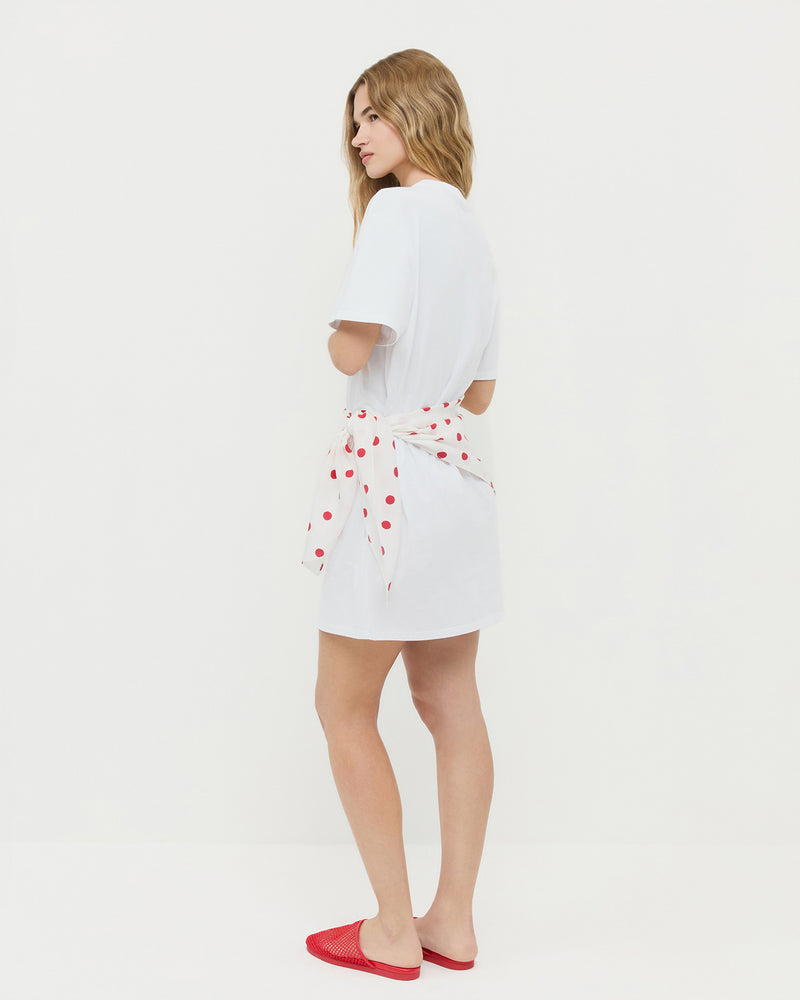 Rooney Scarf T-Shirt Dress in White with Red Polka Dots and Roni Red Netted Slide.