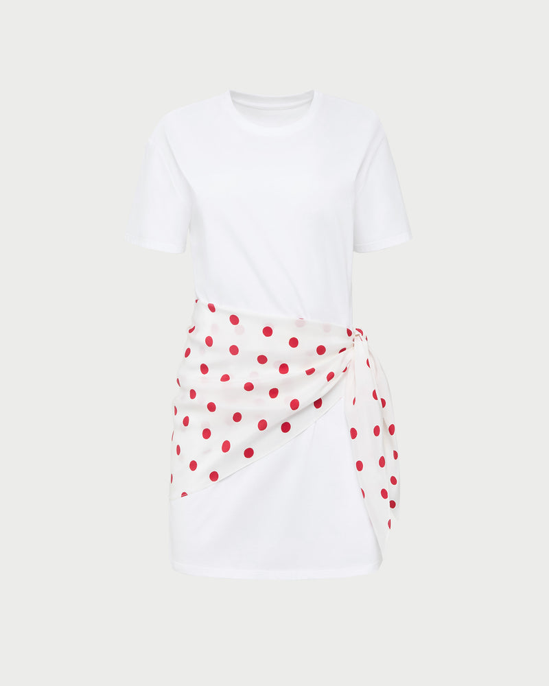 Rooney Scarf T-Shirt Dress in White with Red Polka Dots.