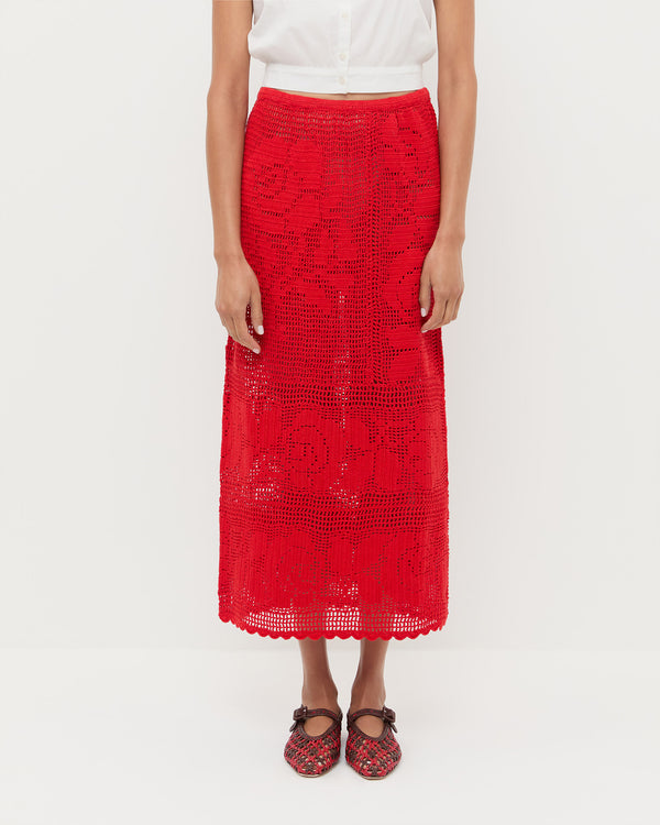 Rosanna Crochet Skirt in red crochet cotton, Runa Top, and Junia Red/Espresso Mary Jane Flat.