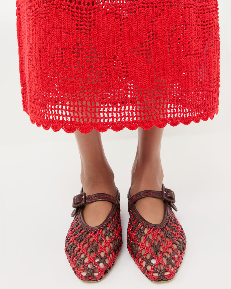 Rosanna Crochet Skirt in red crochet cotton and Junia Red/Espresso Mary Jane Flat.