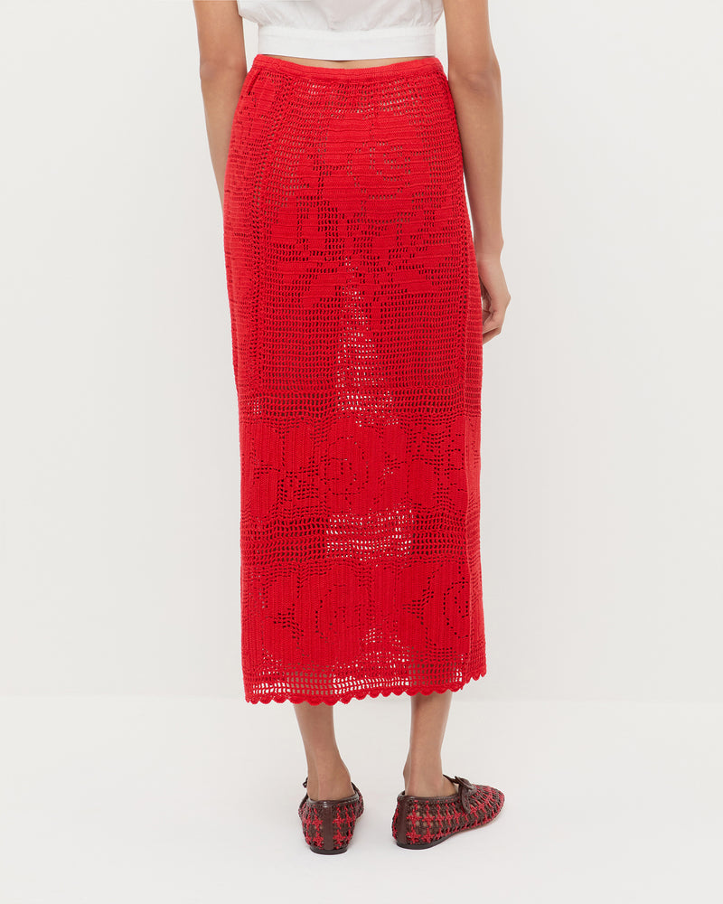 Rosanna Crochet Skirt in red crochet cotton, Runa Top, and Junia Red/Espresso Mary Jane Flat.