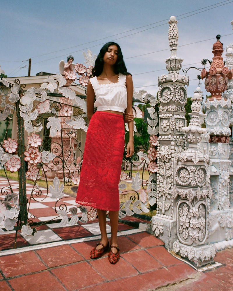 Rosanna Crochet Skirt in red crochet cotton, Runa Top, and Junia Red/Espresso Mary Jane Flat.
