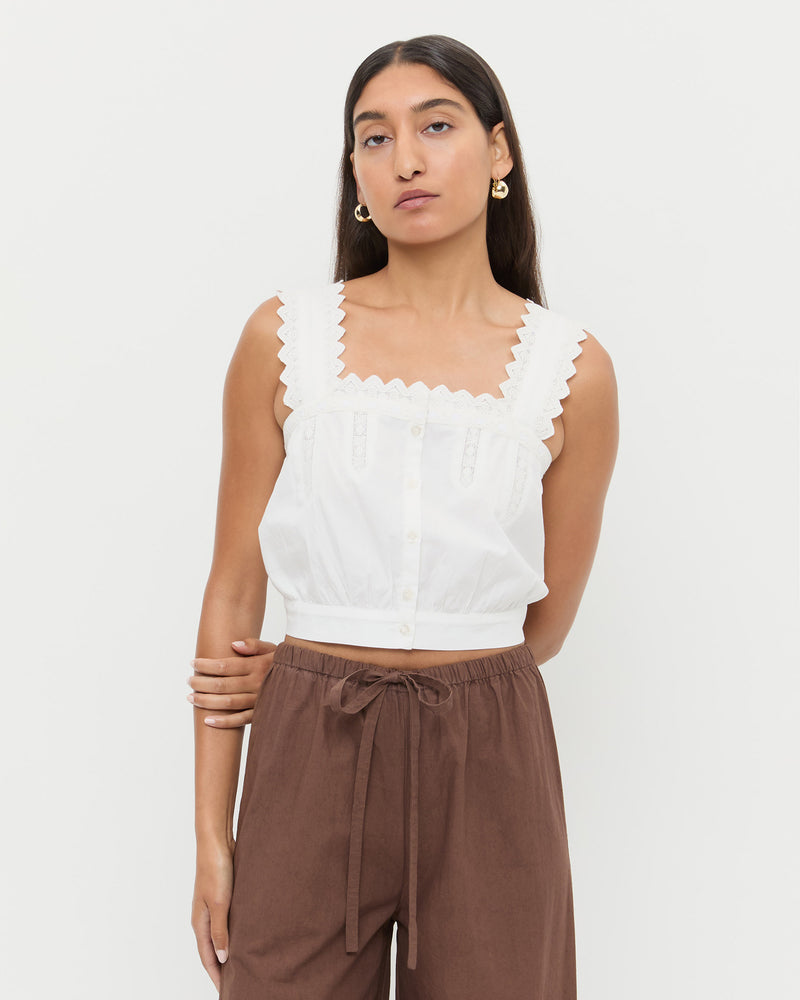 Runa Top in cream cotton and Amani Pant in dark brown cotton.
