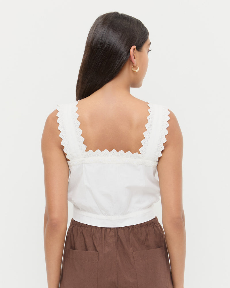 Runa Top in cream cotton and Amani Pant in dark brown cotton.