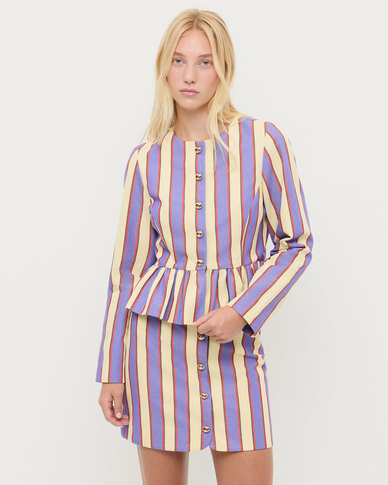 Sable Jacket in jewel and butter striped cotton-linen fabric and Vita Skirt in jewel and butter striped cotton-linen fabric.