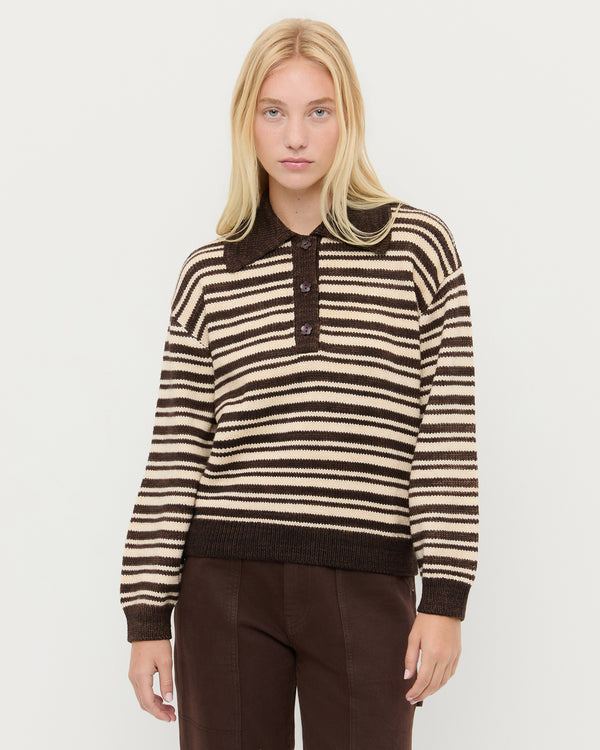 Sammy Sweater in brown and cream striped wool and Molly Workwear Jean in brown denim.