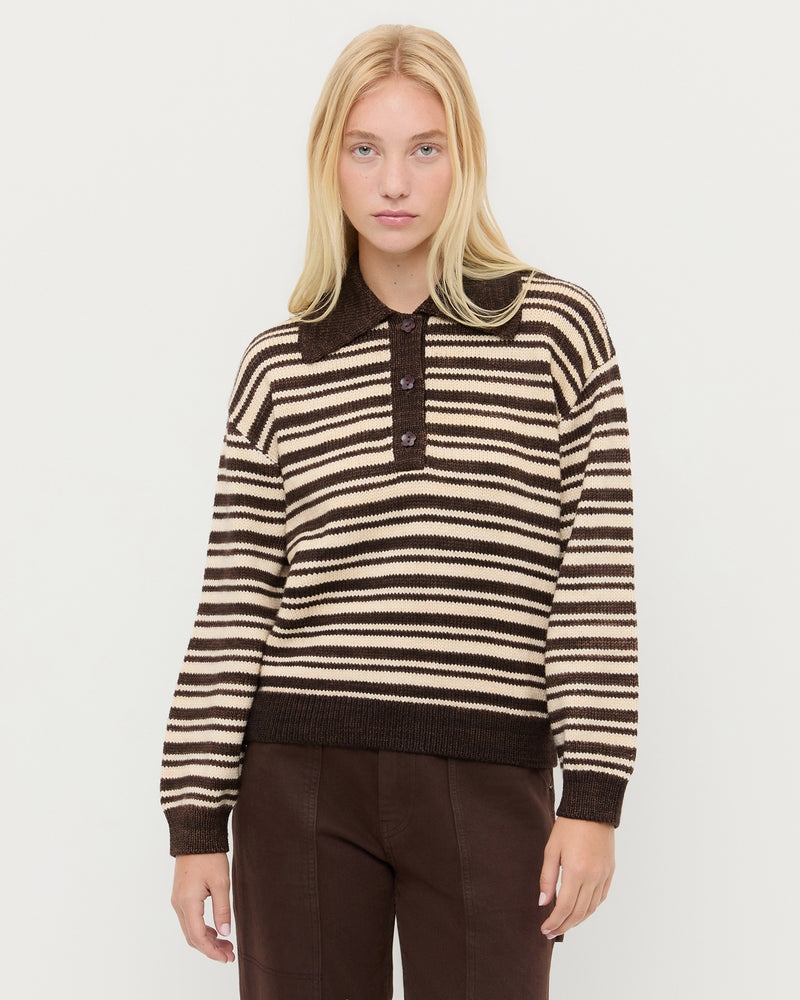 Sammy Sweater in brown and cream striped wool and Molly Workwear Jean in brown denim.