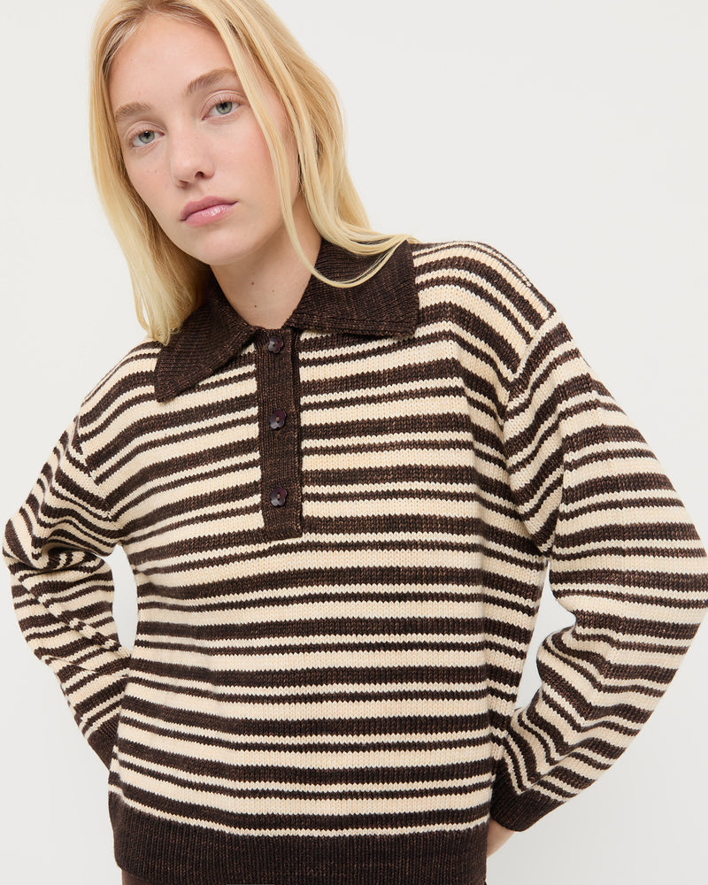 Sammy Sweater in brown and cream striped wool and Molly Workwear Jean in brown denim.