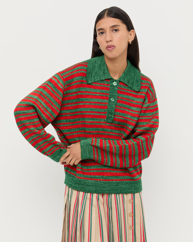 Sammy Sweater in red and green striped wool and Emlyn Skirt in red, green, and tan striped cotton.