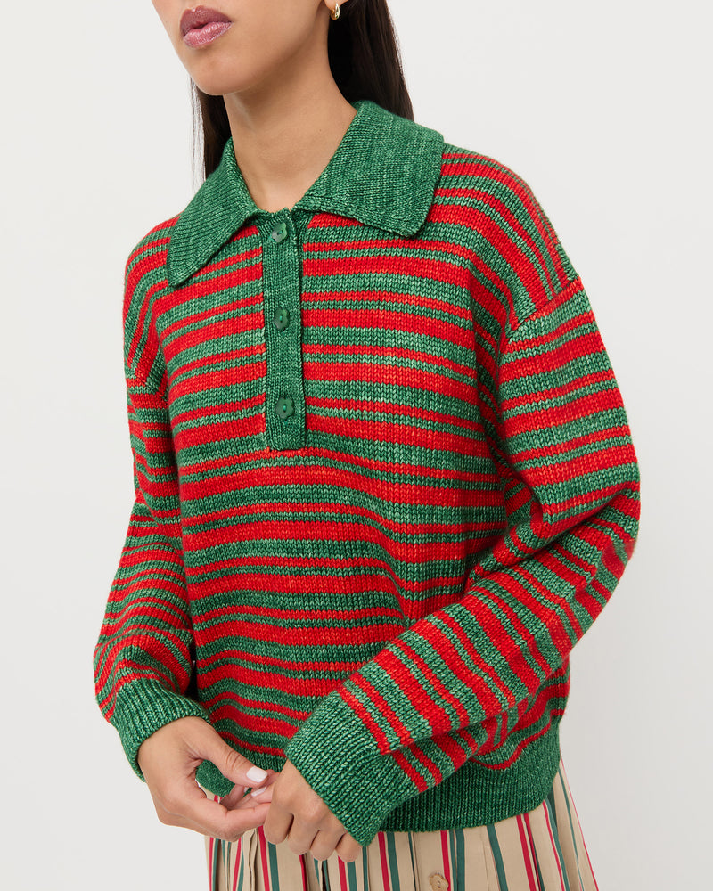 Sammy Sweater in red and green striped wool and Emlyn Skirt in red, green, and tan striped cotton.