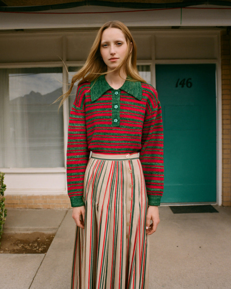 Sammy Sweater in red and green striped wool and Emlyn Skirt in red, green, and tan striped cotton.