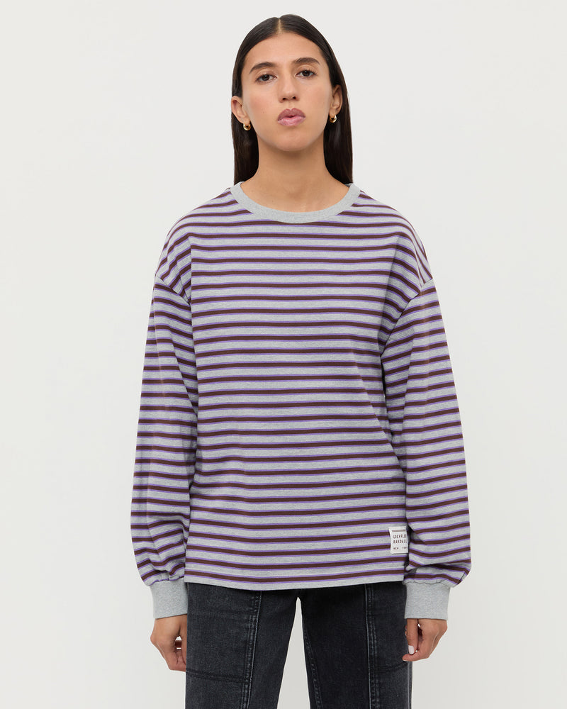 Scout Long-Sleeve Top in grey and purple striped cotton and Molly Workwear Jean in washed black denim.