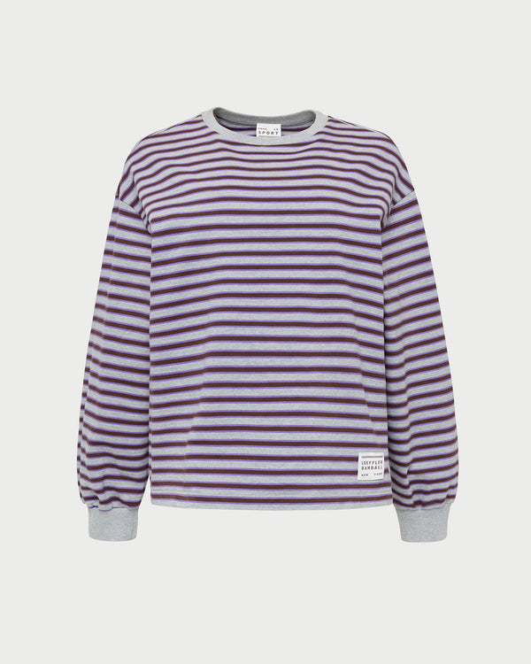 Scout Long-Sleeve Top in grey and purple striped cotton.