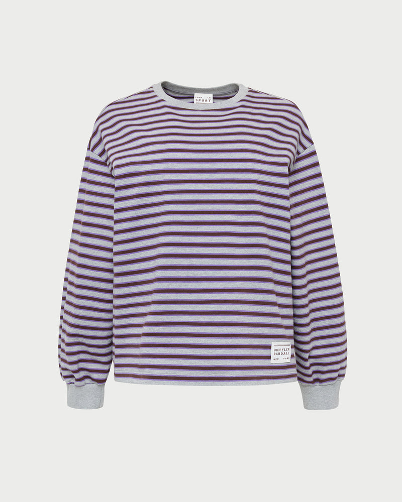Scout Long-Sleeve Top in grey and purple striped cotton.