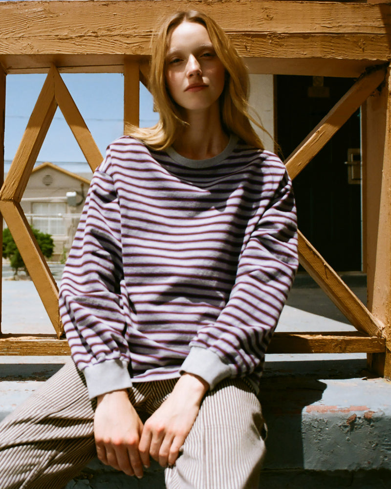 Scout Long-Sleeve Top in grey and purple striped cotton.