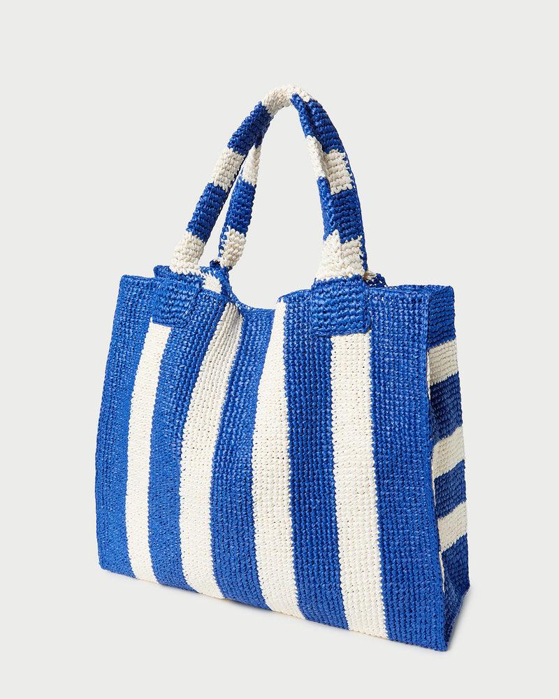 Sol Blue Striped Crochet Beach Tote in blue and cream striped raffia.