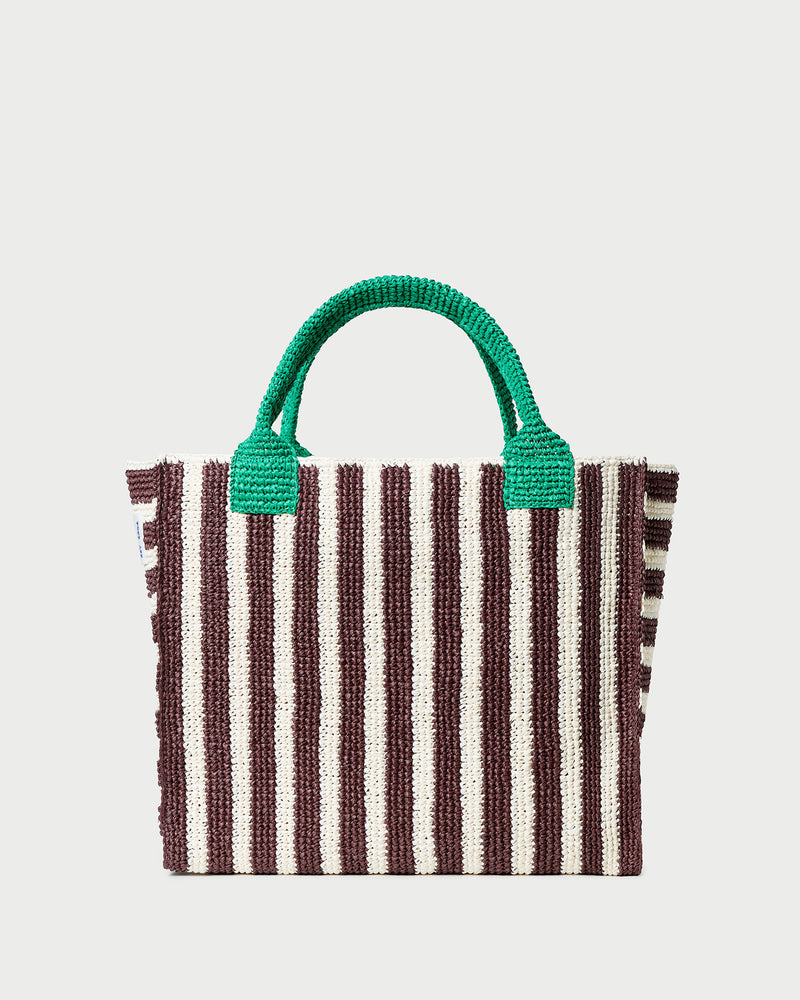 Sol Brown/White Crochet Beach Tote in brown and white striped raffia.