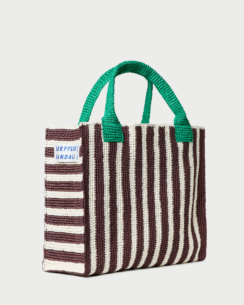 Sol Brown/White Crochet Beach Tote in brown and white striped raffia.