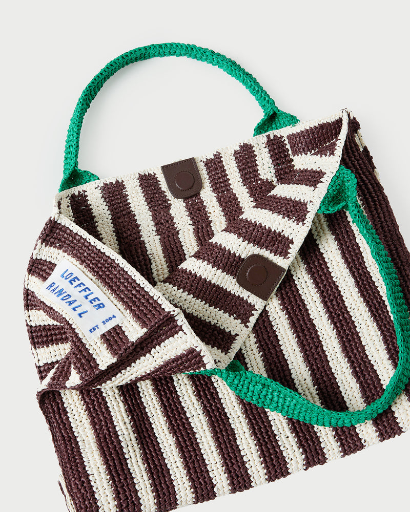 Sol Brown/White Crochet Beach Tote in brown and white striped raffia.