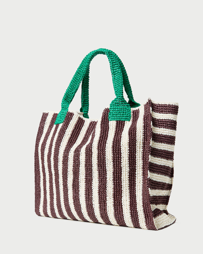 Sol Brown/White Crochet Beach Tote in brown and white striped raffia.
