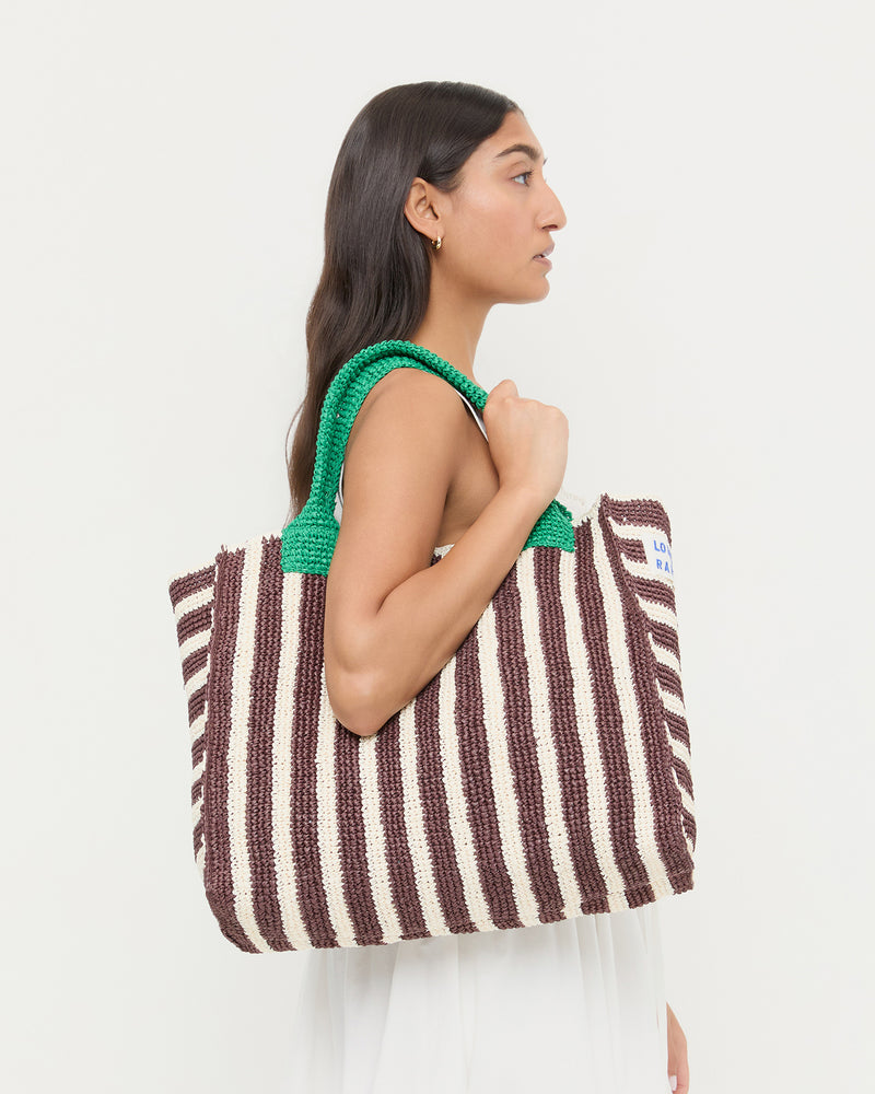 Sol Brown/White Crochet Beach Tote in brown and white striped raffia.